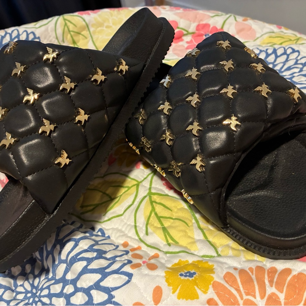 Black Quilted Slide Sandals with Gold Accents